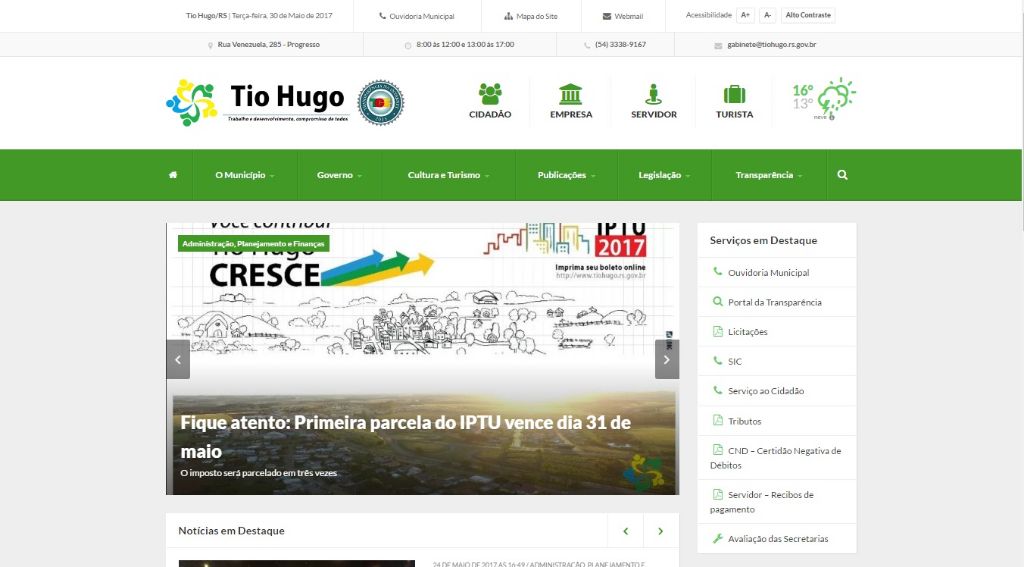 Site da prefeitura de Tio Hugo atinge nota máxima na Escala Brasil Transparente