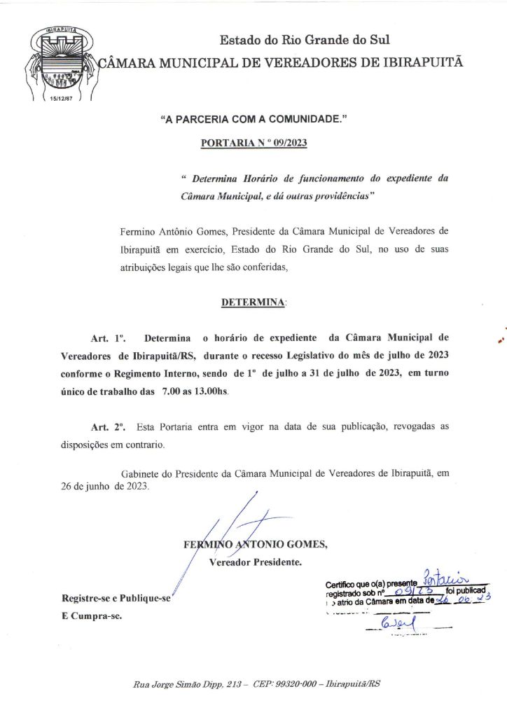 Câmara de Vereadores de Ibirapuitã atendera em Turno Único no mês de julho